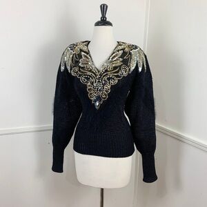 Vintage 80s *Side Effects* Heavily Beaded Sweater w Angora Fur Accent, Old Money